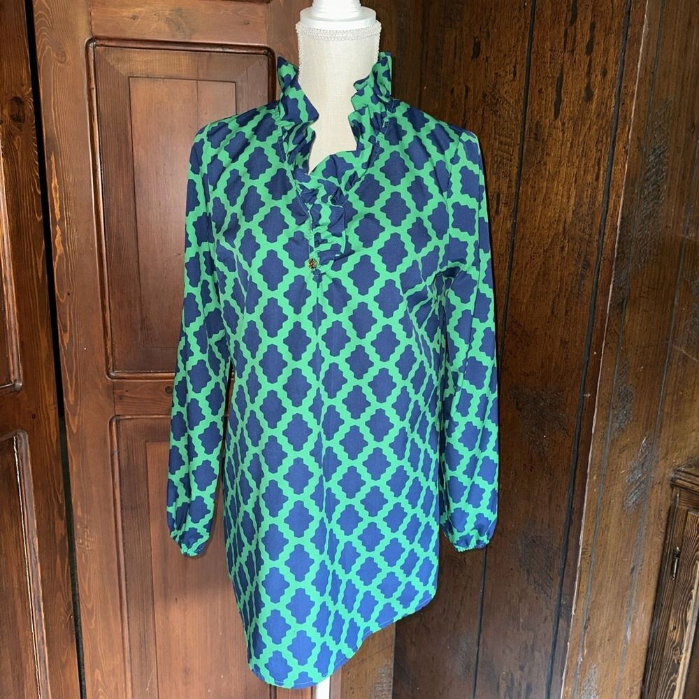 MUD PIE Long Tunic Top Women's Blue Green Ruffle Neck Size‎ Small (4-6) EUC